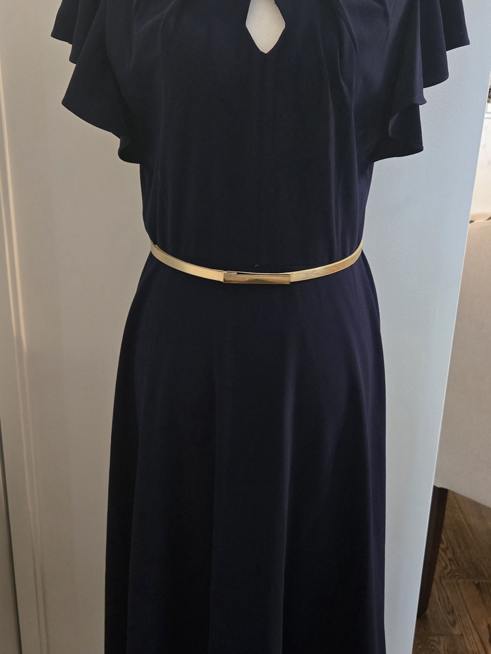 Gabby Skye Navy Maxi Dress with Flutter Sleeves and Gold Belt Accent